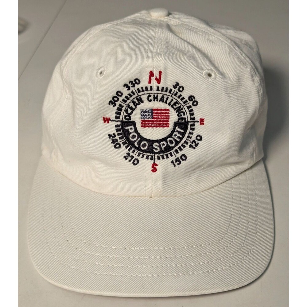 Vintage 90s Polo Sport Ocean Challenge Compass Hat Cap White Sailing Strapback